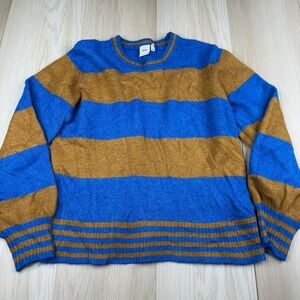 ICHI Womens Blue Brown Striped Balloon Sleeve Knitted Pullover Sweater Size XL